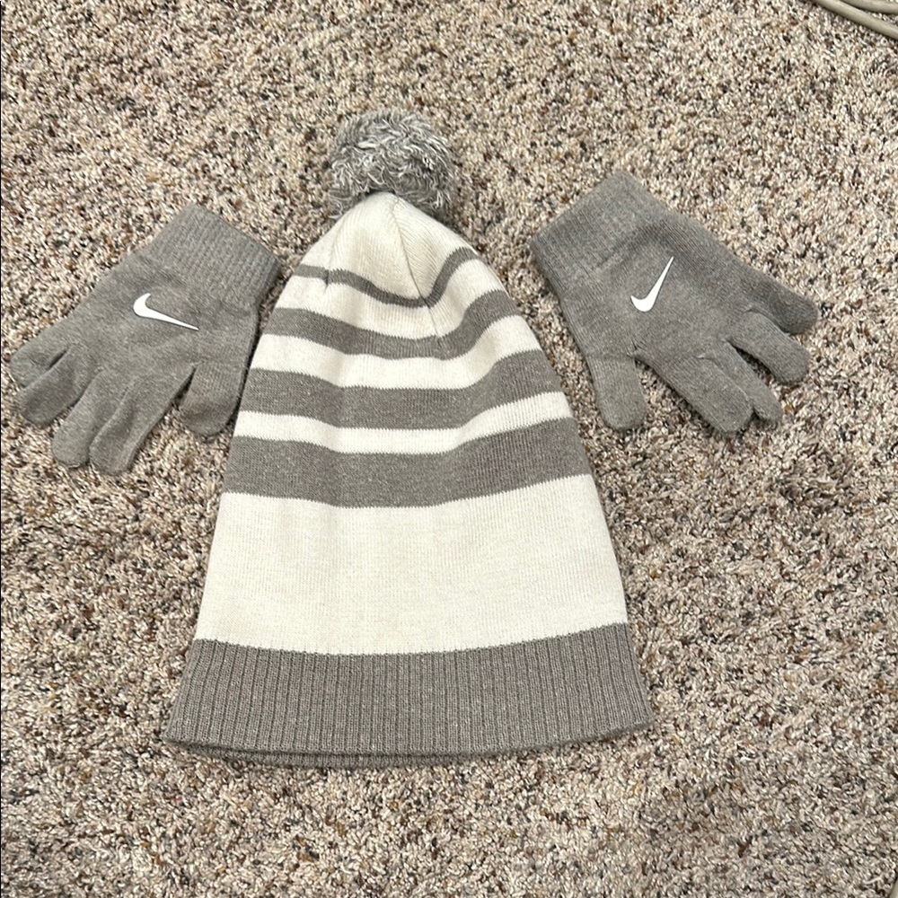 Nike Gray and White Striped Beanie and Gloves Set